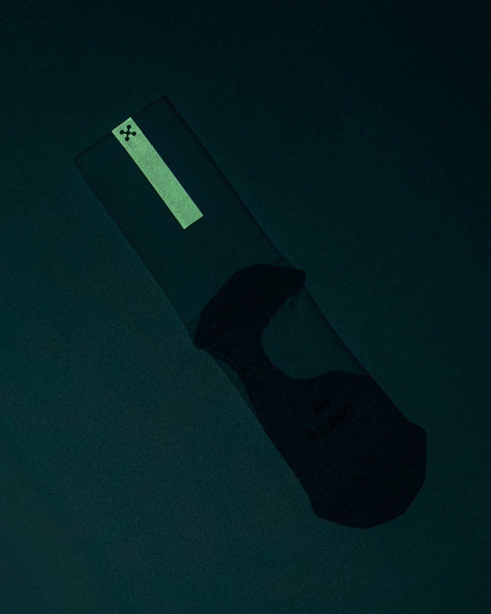 Daybreak – Reflective Compression Crew Socks | White + Neon Green