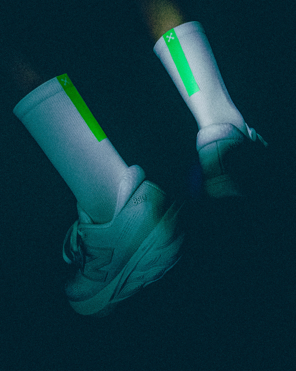Daybreak – Reflective Compression Crew Socks | White + Neon Green