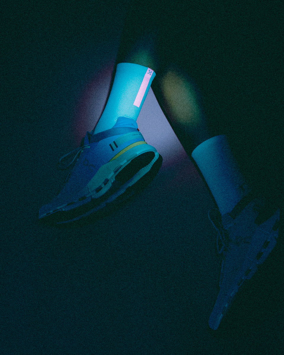 Daybreak – Reflective Compression Crew Socks | White + Neon Pink