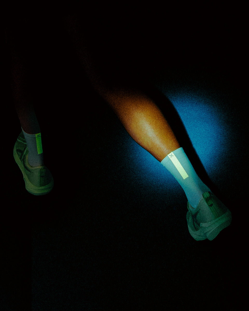 Daybreak – Reflective Compression Crew Socks | White + Neon Yellow