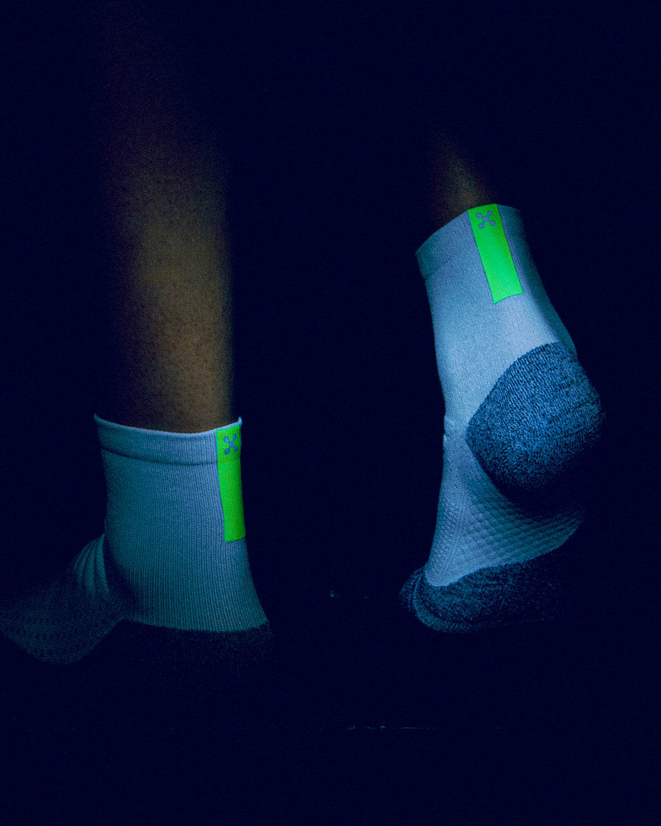 Daybreak – Reflective Compression Quarter Crew Socks | White + Neon Green