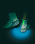 Daybreak – Reflective Compression Quarter Crew Socks | White + Neon Green