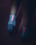 Daybreak – Reflective Compression Quarter Crew Socks | White + Neon Pink
