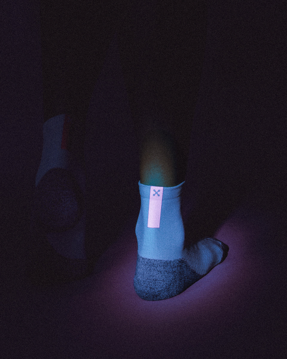 Daybreak – Reflective Compression Quarter Crew Socks | White + Neon Pink