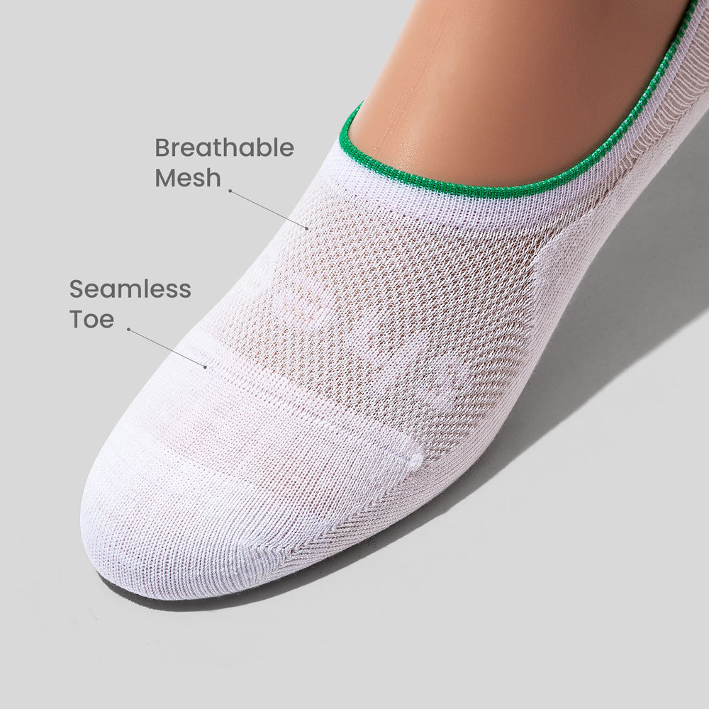 Active Mid-cut Bamboo Mesh No Show Socks | White w/ Green Line