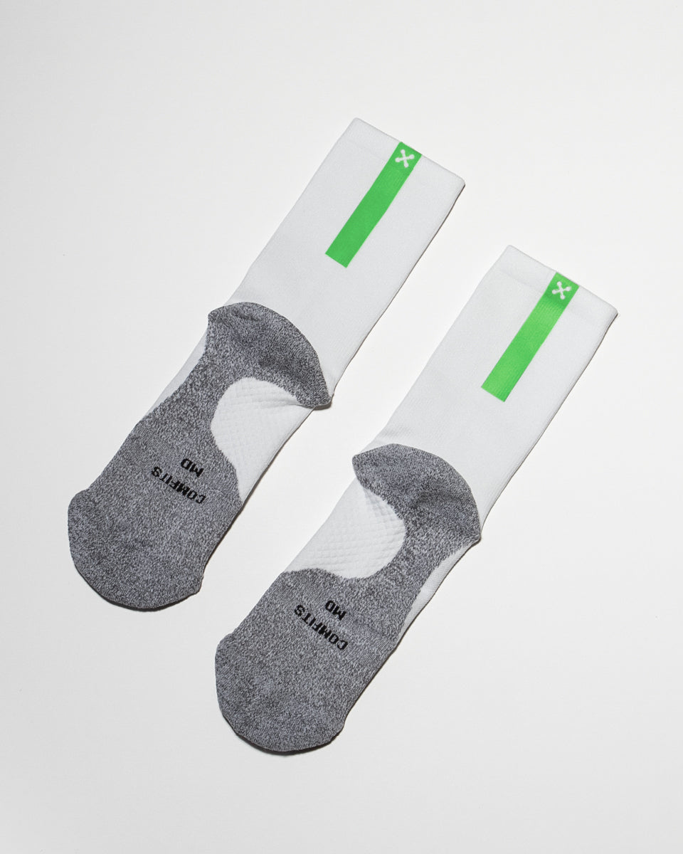 Daybreak – Reflective Compression Crew Socks | White + Neon Green