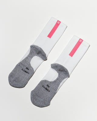 Daybreak – Reflective Compression Crew Socks | White + Neon Pink
