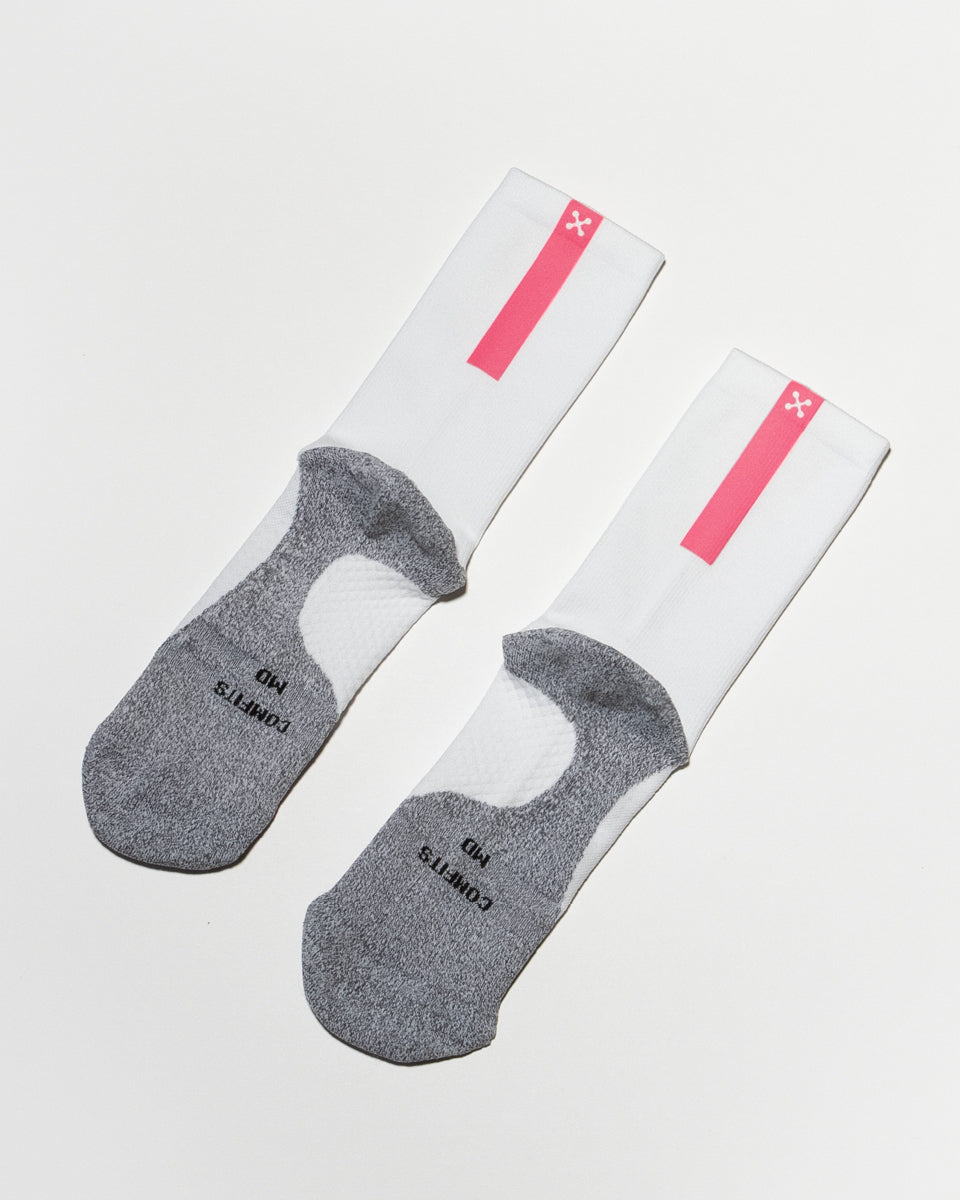 Daybreak – Reflective Compression Crew Socks | White + Neon Pink