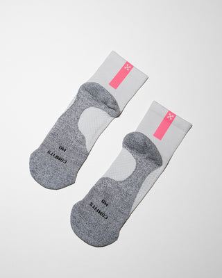 Daybreak – Reflective Compression Quarter Crew Socks | White + Neon Pink