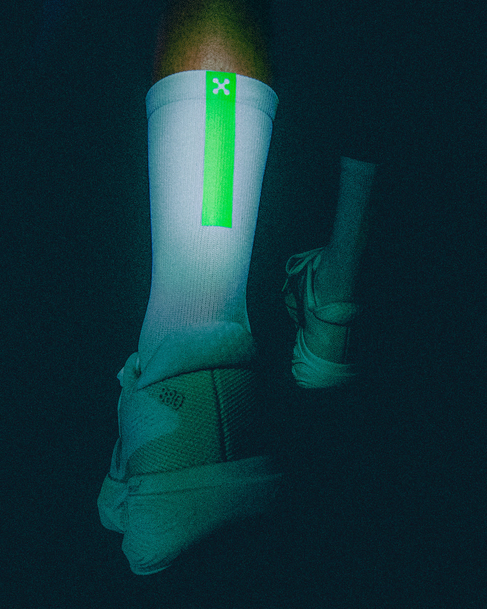 Daybreak – Reflective Compression Crew Socks | White + Neon Green